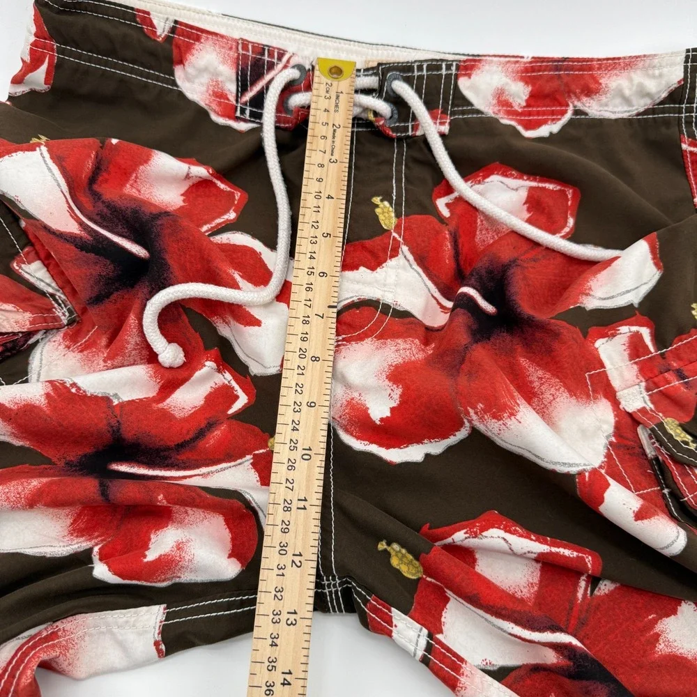 Hollister Swim Trunks Men Medium Cargo Pocket Polyester Brown Floral Hibiscus